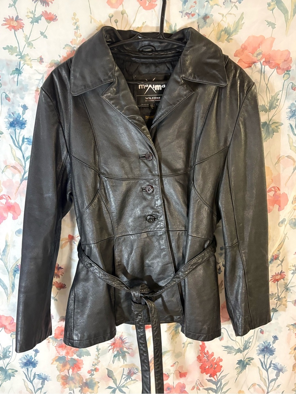Vintage Maxima Women's Black Leather Button-Front Jacket with Belt